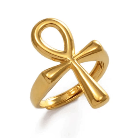 ADJUSTABLE NILE KEY (ANKH) RING - 18K GOLD PLATED